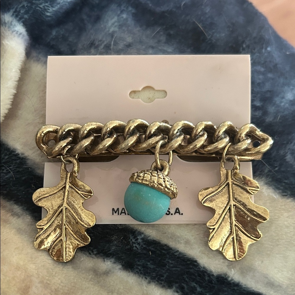 Gold Chain Hair Clip Barrette with Leaf and Acorn Charms